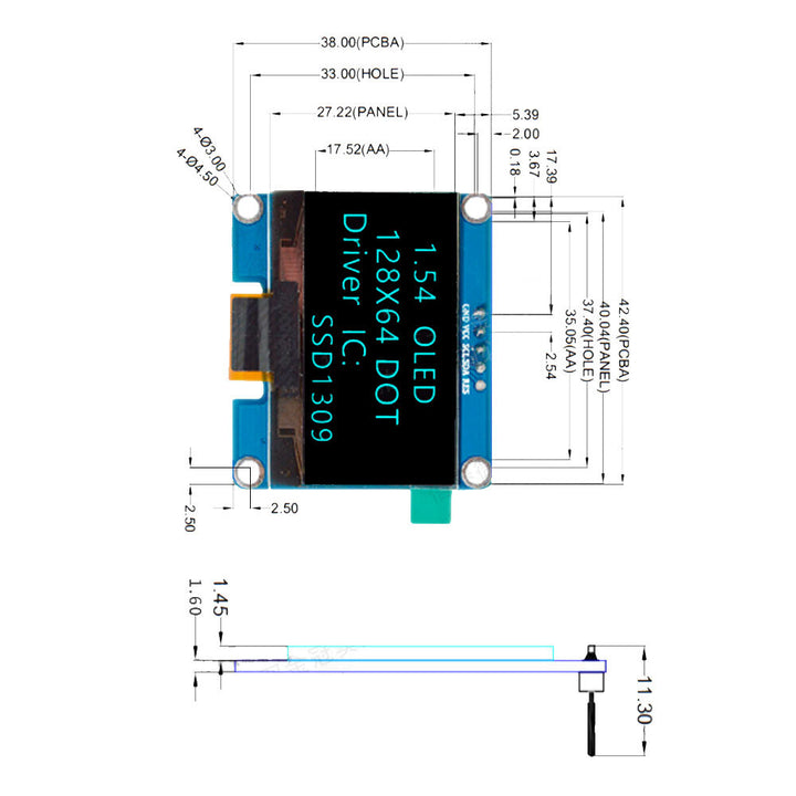 1.54 inch OLED Display LCD Screen Module Resolution 128*64 SPI/IIC Interface SSD1309 Driver