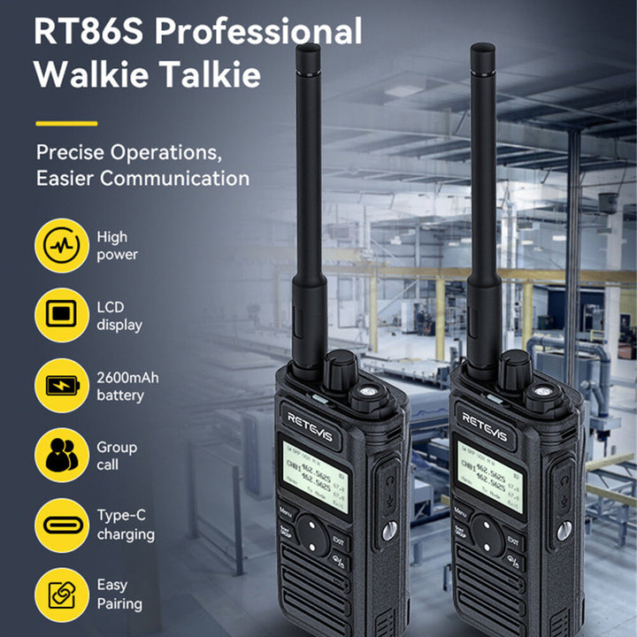 Retevis RT86S Walkie Talkie Long Range Two Way Radio 30 Channels UHF GMRS 10W Power 2600mAh Battery LCD Display Flashlight VOXs Hands Free