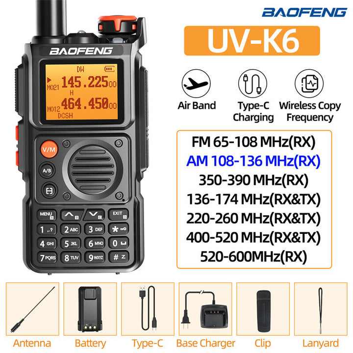 Baofeng UV-K6 Air Band Walkie Talkie Six Band 999 Channel with Earphone Wireless Copy Frequency Portable Ham Radio FM Transceiver DTMF Type-C Rechargerable NOAA Two Way Radio LED Flashlight