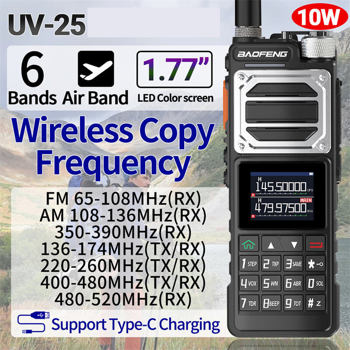 Baofeng UV-25 10W Walkie Talkie Six-Band Long Range Wireless Copy Frequency FM Radio Type-C Ham Two-way Radio Rechargeable 5200mAh