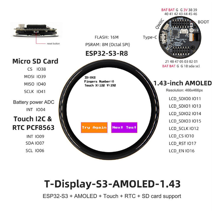 LILYGO T-Display-S3 Development Board 1.43-inch AMOLED ESP32-S3 Dual-core 16MB Flash 8MB PSRAM Wi-Fi bluetooth