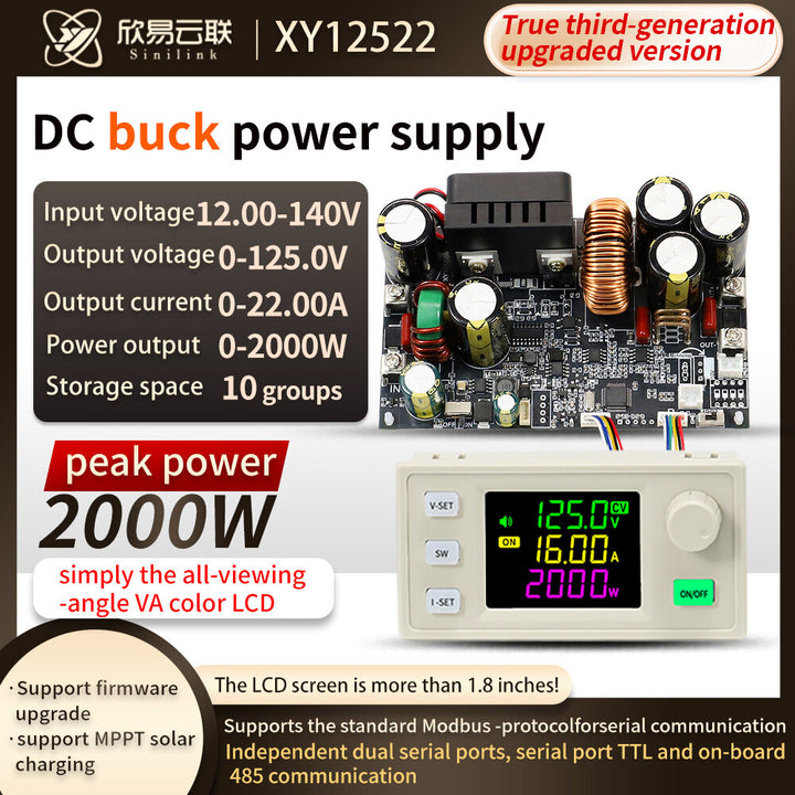 Sinilink XY12522 DC Buck Power Supply 12-140V Input 0-125V Output 2000W Power MPPT Solar Charging 1.8 Inch LCD High Precision 0-22A Current