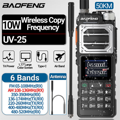 Baofeng UV-25 10W Walkie Talkie Six-Band Long Range Wireless Copy Frequency FM Radio Type-C Ham Two-way Radio Rechargeable 5200mAh