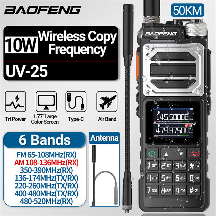 Baofeng UV-25 10W Walkie Talkie Six-Band Long Range Wireless Copy Frequency FM Radio Type-C Ham Two-way Radio Rechargeable 5200mAh