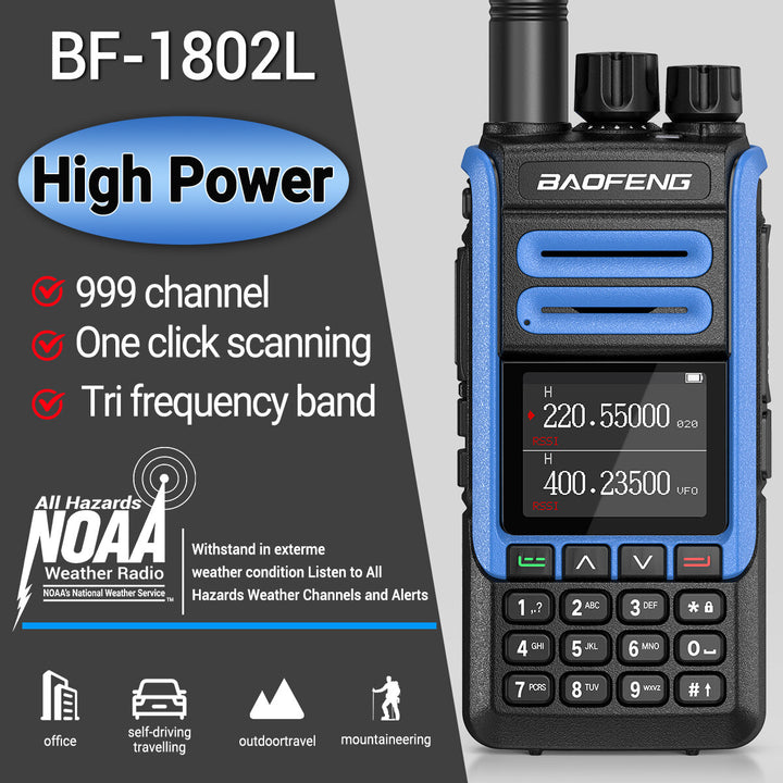 BAOFENG BF-1802L High Power Walkie Talkie 999 Channels Tri Band Wireless Copy Frequency Long Range NOAA Weather Channel Ham Two Way Radio European Standards