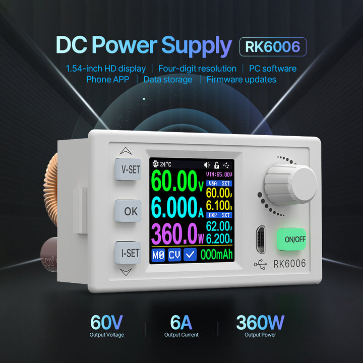 RK6006/RK6006-BT 60V 6A 4 Digit Communication 360W Adjustable Digital DC to DC Step Down Voltage Bench Power Supply Buck Converter