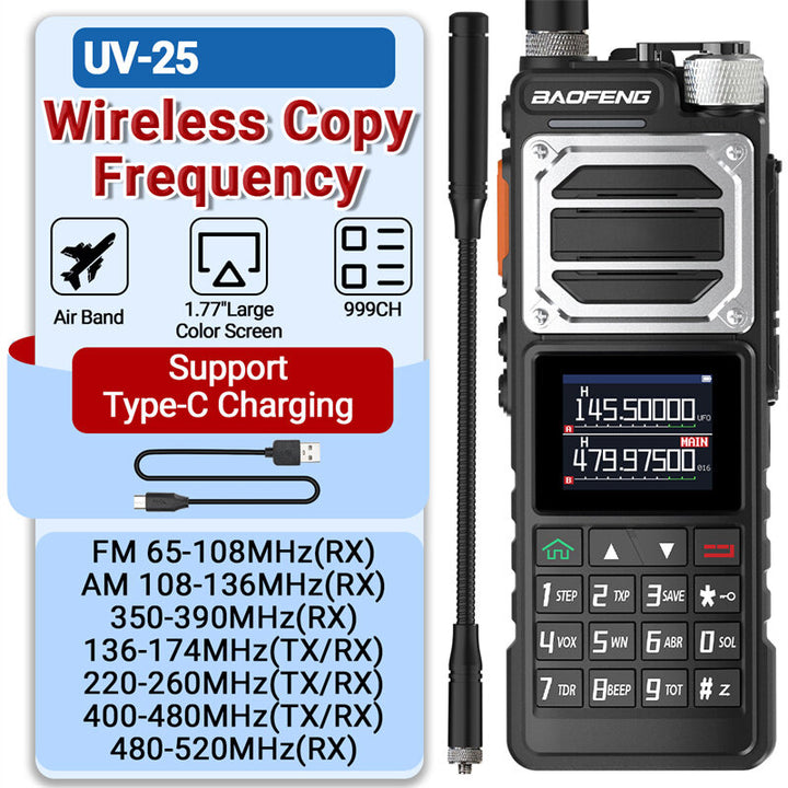 Baofeng UV-25 10W Walkie Talkie Six-Band Long Range Wireless Copy Frequency FM Radio Type-C Ham Two-way Radio Rechargeable 5200mAh