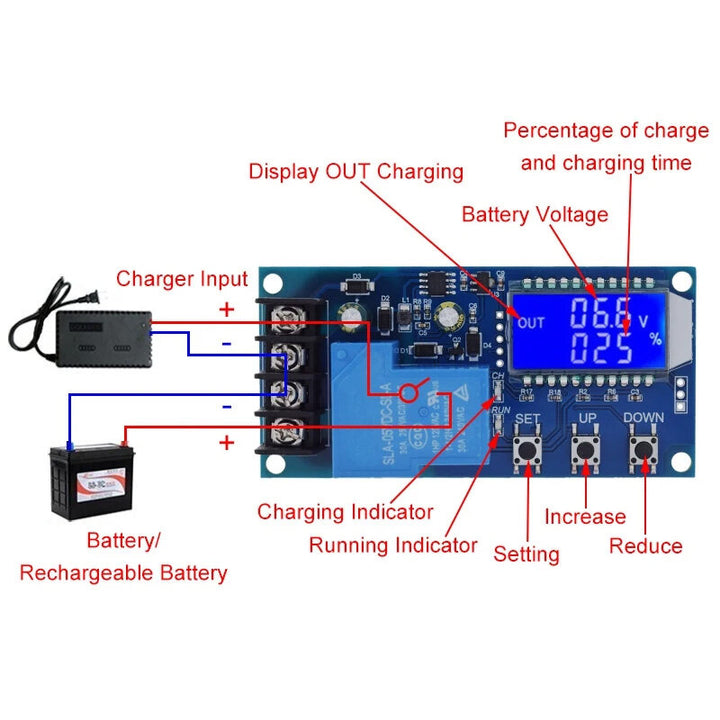 XY-L30A NC Battery Charging Control Module Digital 6-60V Voltage Regulator with LCD Display Overcharge Protection Auto Charge Control for Lead-acid Acting Batteries