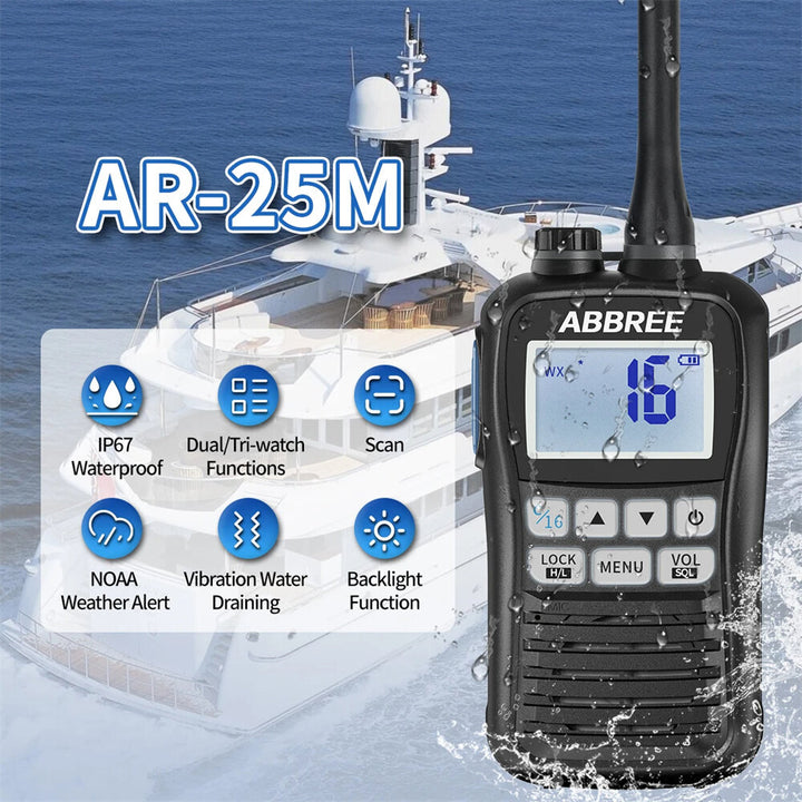 ABBREE AR-25M Marine Radio Transceiver Walkie Talkie IP67 Waterproof VHF Handheld Float Vessel Talk NOAA Two Way Radio for Boat