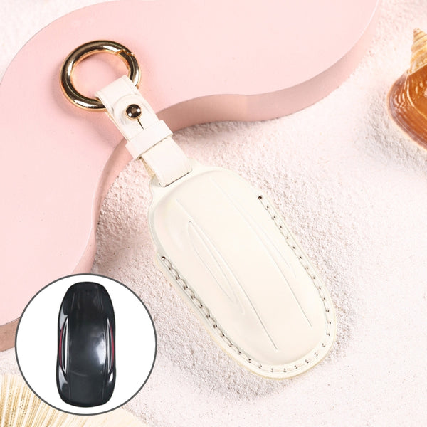 Hallmo Car Female Style Cowhide Leather Key Protective Cover for Tesla Model X, B Type without Bow