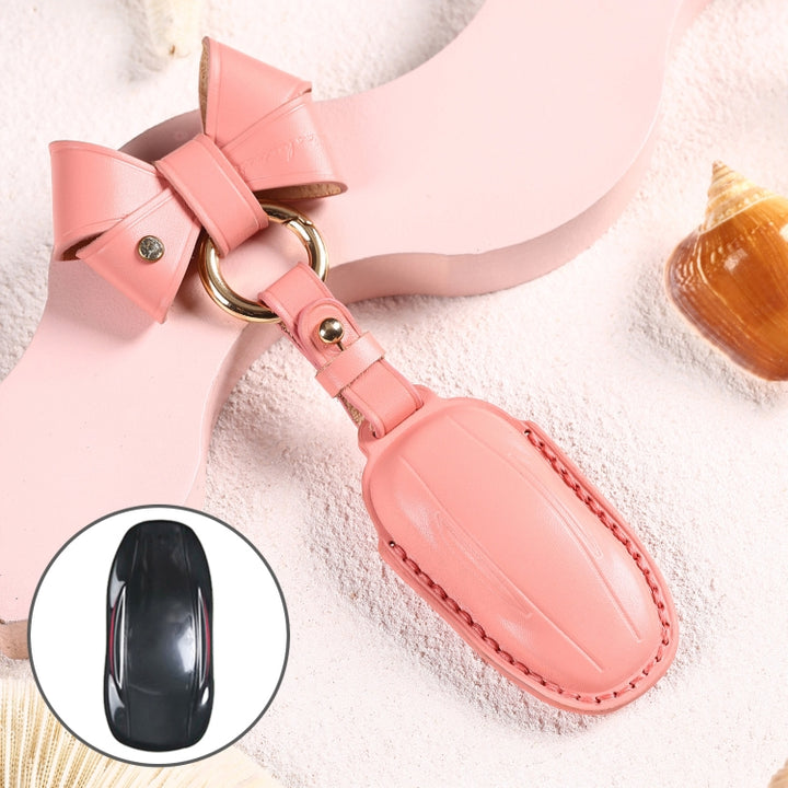 Hallmo Car Female Style Cowhide Leather Key Protective Cover for Tesla Model X, B Type with Bow