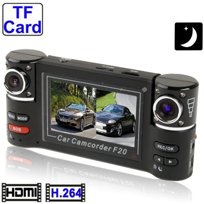 F20, 2.7 inch TFT Screen Mini Dual Camera 1280x480 Night Vision Vehicle DVR , with H2.64 Video format, Support SOS / Motion Detection / HDMI and TV out / Micro SD/TF Card , Ultra-wide: 120 degree