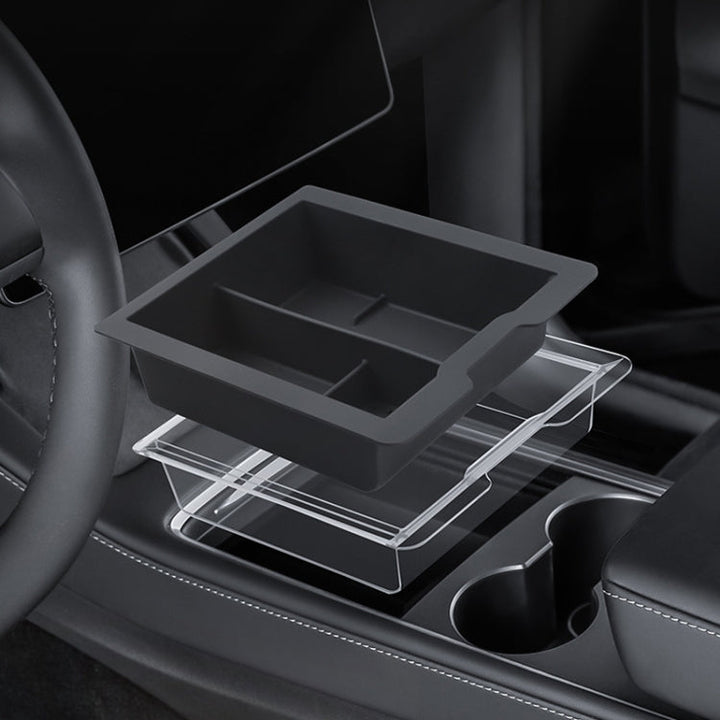 For Tesla Model 3/Y Silicone Double Layer Storage Small Ice Box, Style: Center Front With Divider