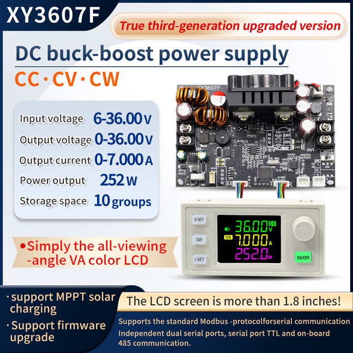 Sinilink XY3607F DC Buck-Boost Adjustable Power Supply Module 36V 7A 252W Constant Voltage Current Solar Charging Module LCD Display