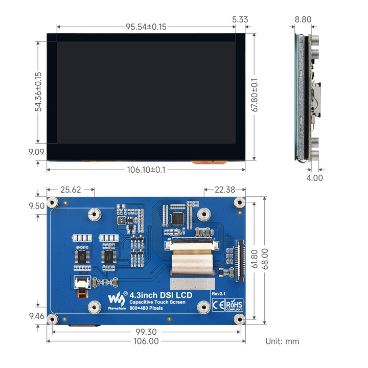 4.3 inch QLED Display Capacitive Touch Screen MIPI DSI Interface 800×480 for Raspberry Pi 4B / 3B+/ 3A+/ 3B