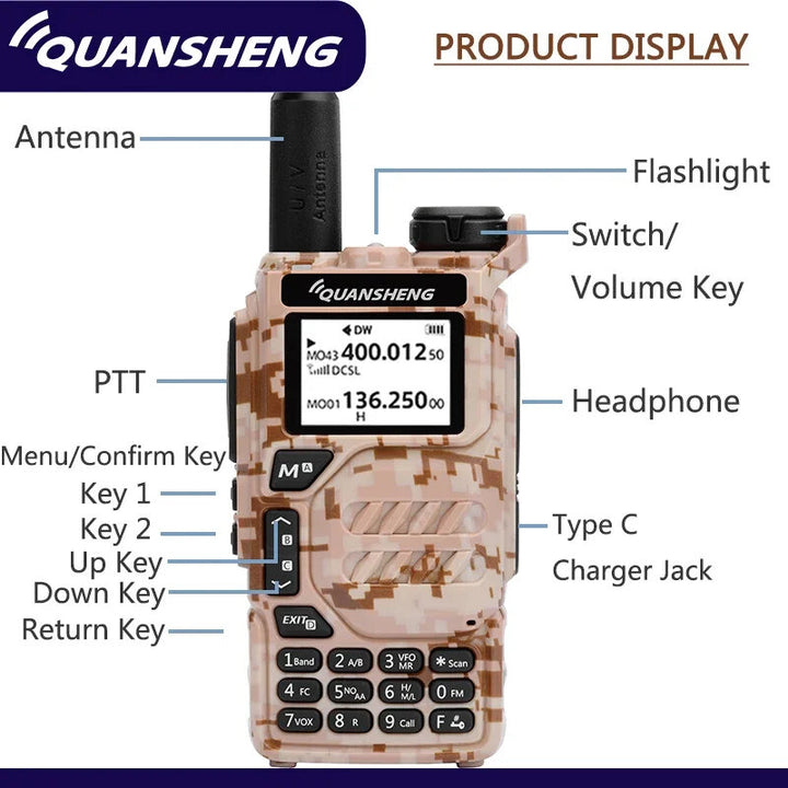 Quansheng UV-K5 5W Walkie Talkie Desert Camouflage UHF VHF FM DTMF Scrambler Ham 1600mAh Wireless Frequency Copy 200 Channels Two-way Radio with LED Flashlight