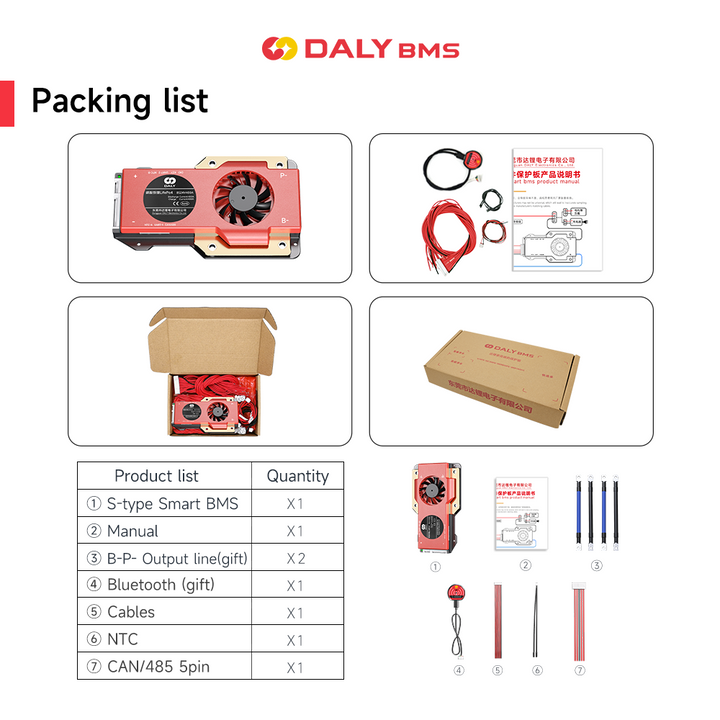 Daly BMS Smart Board LiFePO4 with Fan Iron Lithium Battery Protection Board with Balance+bluetooth+RS485+CAN S-type 4~24 Series with Parallel Module 3.65V