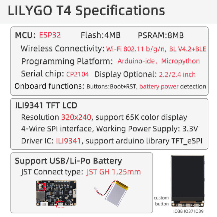 TTGO T4 V1.3 ILI9341 2.4 inch LCD Display Backlight Adjustment CH9102F ESP32 Development Board WIFI Wireless Bluetooth Module