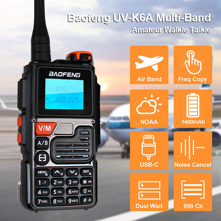 Baofeng UV-K6A Walkie Talkie Dual Band Two Way Radio 1400mAh Li-Ion Battery USB-C Charging 999 Channels NOAA Weather Alerts