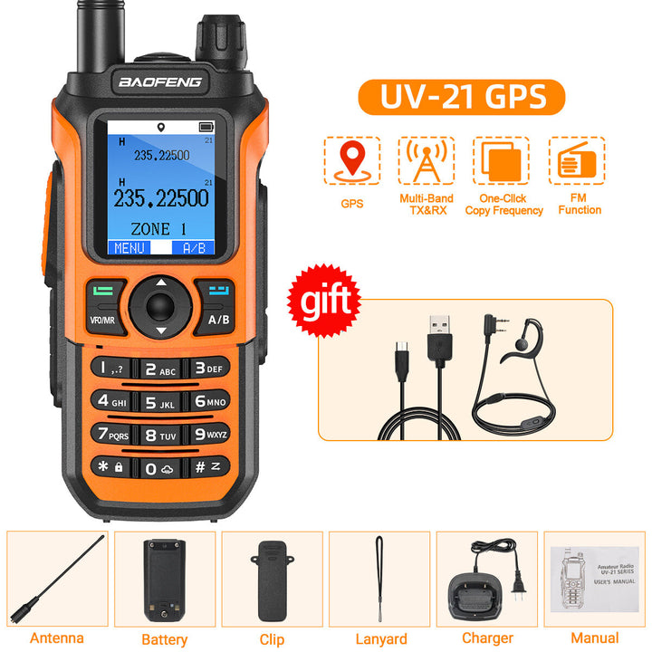 Baofeng UV-21 Pro Two-Way Radio Handheld Walkie Talkie GPS Positioning 5KM Range 999 Channels Outdoor Hiking Communication Come with Earphone Type-C Fast Charging