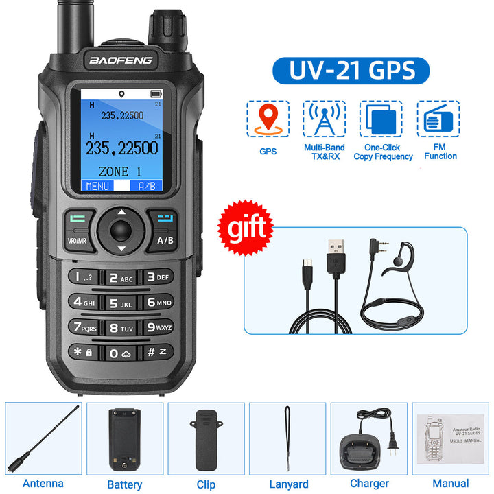 Baofeng UV-21 Pro Two-Way Radio Handheld Walkie Talkie GPS Positioning 5KM Range 999 Channels Outdoor Hiking Communication Come with Earphone Type-C Fast Charging